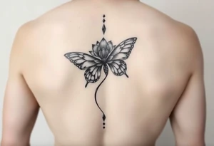 Elegant spine tattoo with lotus flower and butterfly with cracked wings tattoo idea