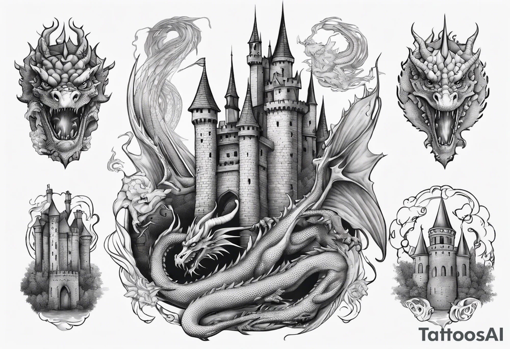 dragons protecting a castle tattoo idea