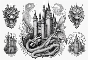 dragons protecting a castle tattoo idea
