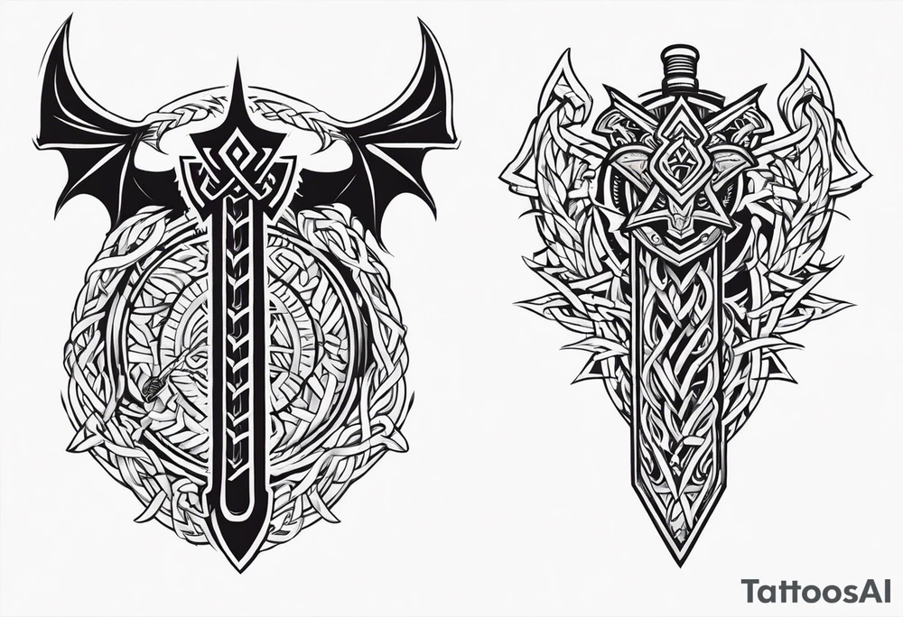 Valhalla sword shield dragon axe Valknut barbed wire chains tribal tattoo idea Valhalla sword shield dragon axe Valknut barbed wire chains tribal tattoo idea