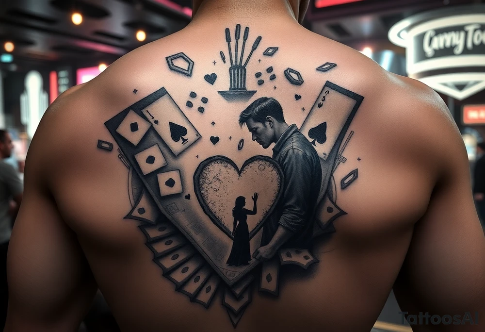 cyberpunk storytelling tattoo for full back, futuristic city casino scene, broken man surrounded by holographic poker cards, shattered heart, falling money, ghost silhouette of a lost lover, neon lights, dramatic lighting, ultra detailed futuristic tattoo design tattoo idea