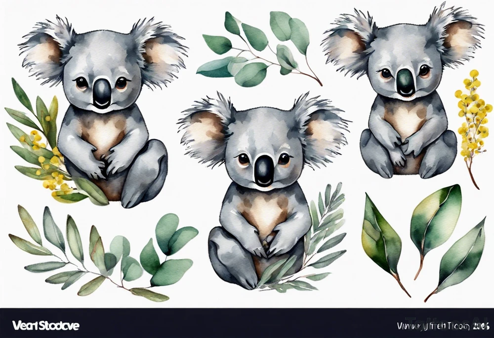 Small koala with eucalyptus leaves and wattle leaves tattoo idea