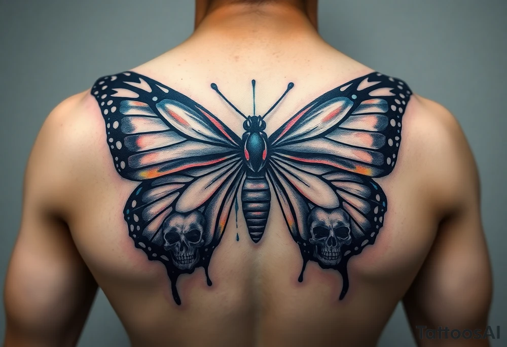 powerful majestic and dark monarch butterfly with skull detail in the wings
hidden skulls in wings, skull detail making the body of the butterfly with a horror style dripping effect, including blue, red and white colouring tattoo idea