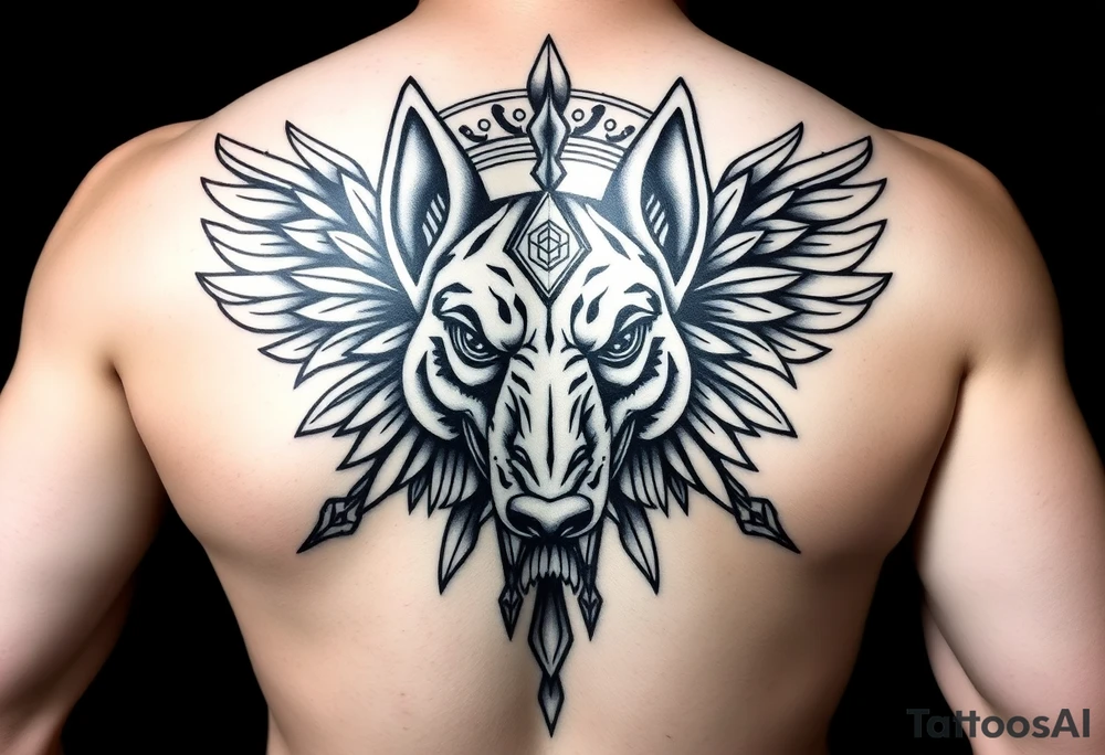 Egyptian Anubis god powerful face muscle in Egypt style dog face surrounded Egyptian symbols tattoo idea
