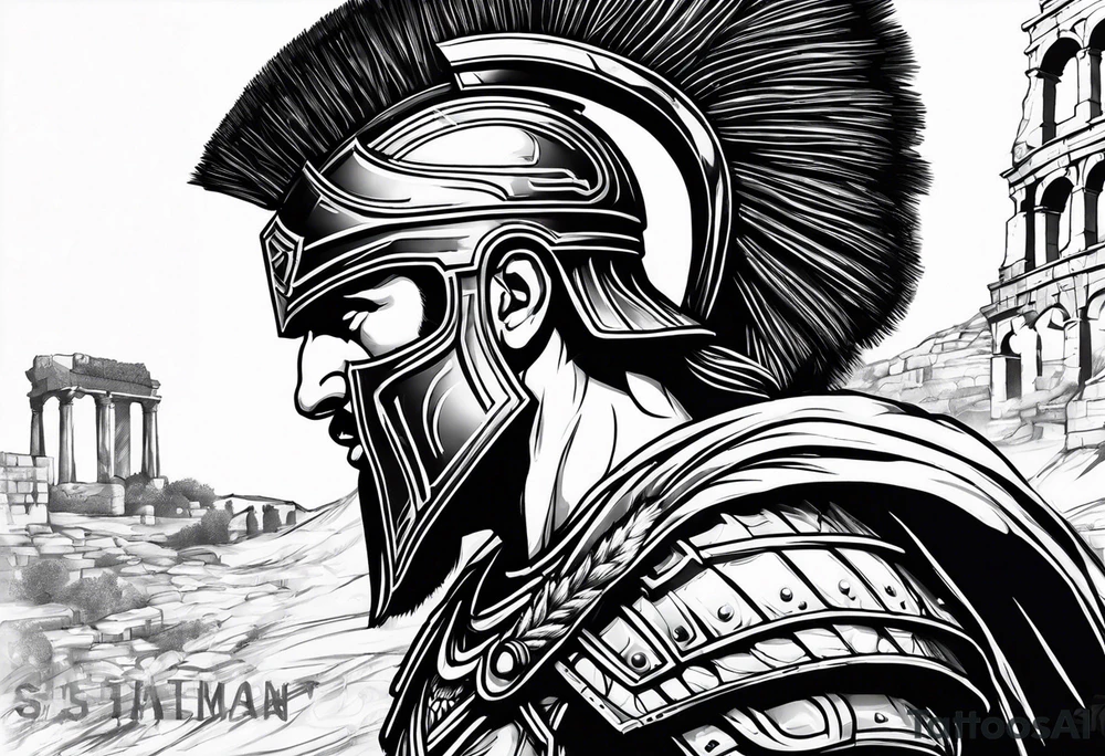 Side profile Spartan Solider ancient roman city in background tattoo idea