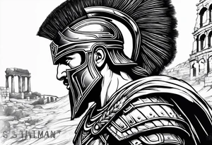 Side profile Spartan Solider ancient roman city in background tattoo idea