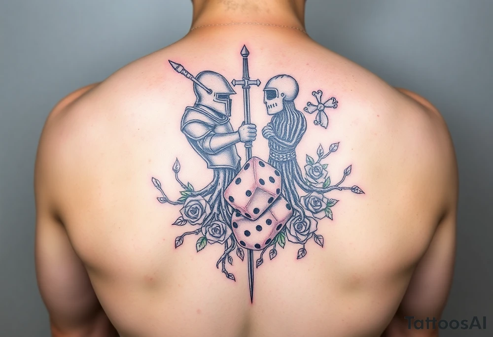 knight and squid intertwined with tree roots and roses rolling dice tattoo idea