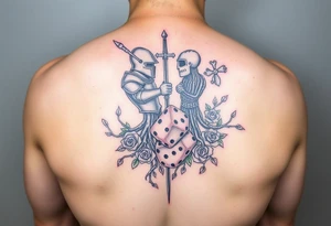 knight and squid intertwined with tree roots and roses rolling dice tattoo idea
