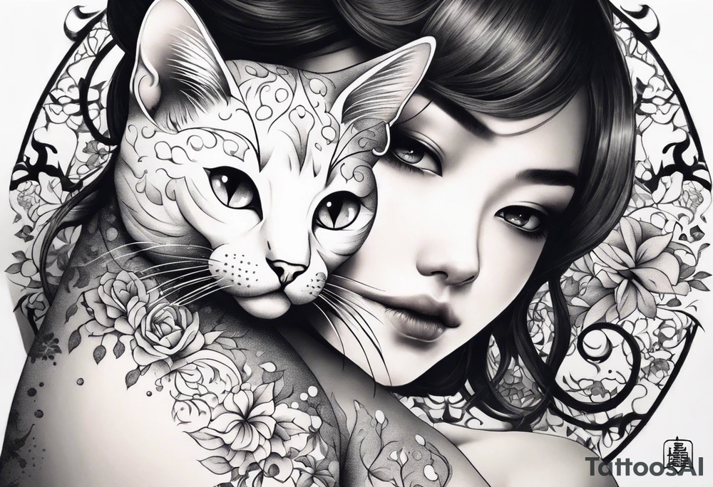 Anime cat covered in flowery vines, forearm tattoo tattoo idea