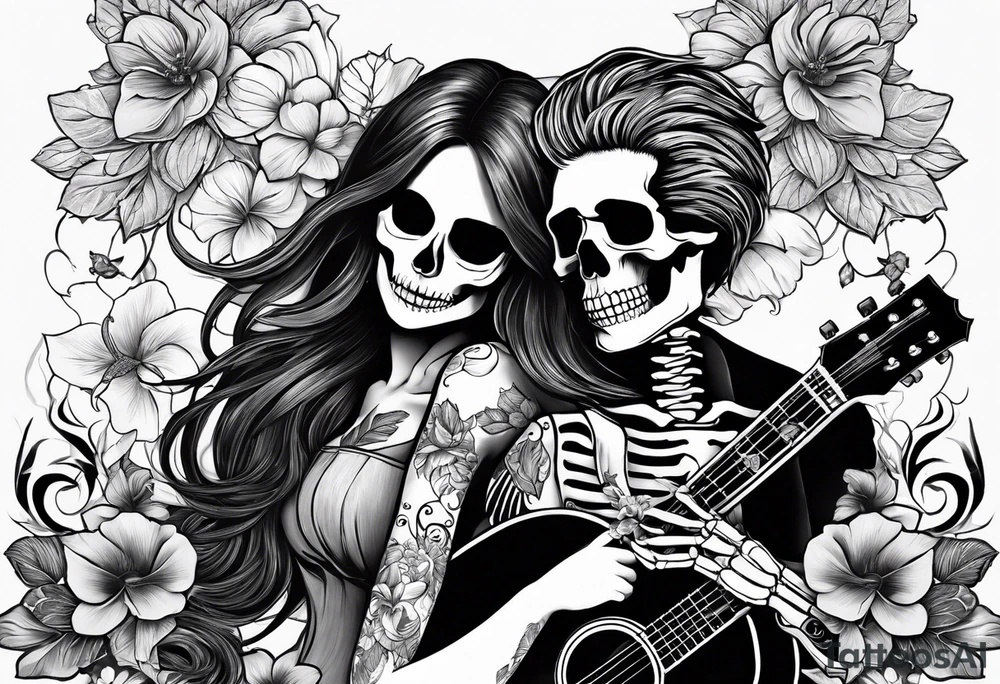 a female and male skeleton in love. The female has hibisucs flowers and the male is playing the guitar tattoo idea