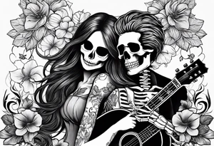 a female and male skeleton in love. The female has hibisucs flowers and the male is playing the guitar tattoo idea