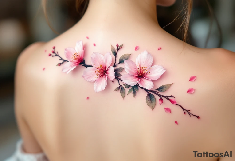 A delicate cherry blossom tattoo features soft pink and pale white flowers with subtle gradients, blooming along a slender dark brown branch with hints of mossy green leaves, often accented by falling petals in translucent rose hues for a graceful, airy effect. tattoo idea
