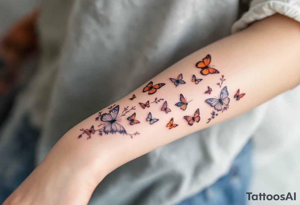 Tattoo of about 10 butterflies that look realistic and different sizes spaced out between wrist and elbow with some flower or vine tattoo idea