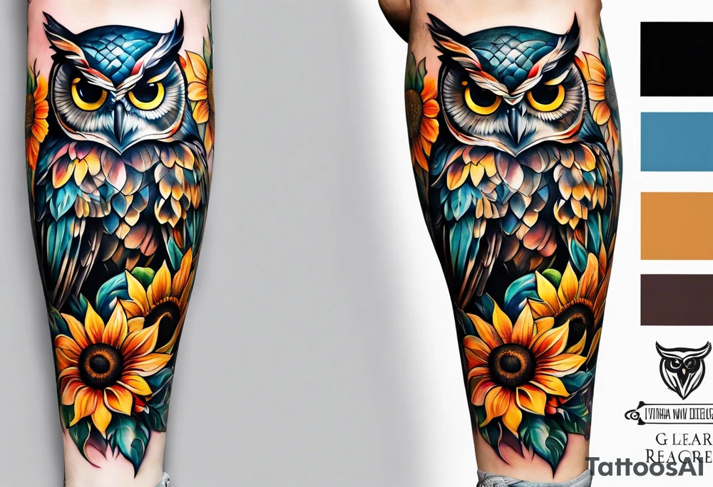 Leg sleeve with colorful sunflowers and an owl tattoo idea