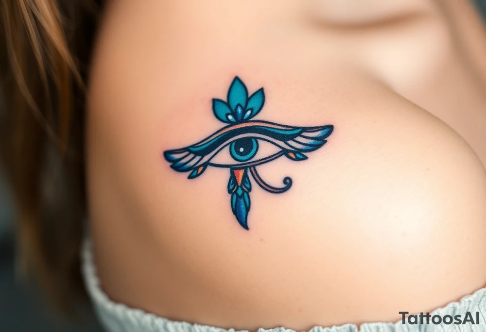 A traditional Egyptian-style Eye of Horus, adorned with turquoise and lapis lazuli details, reflecting the sacred colors of Egypt tattoo idea