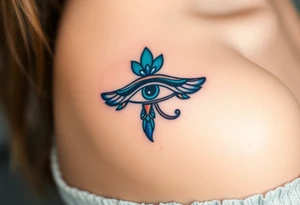 A traditional Egyptian-style Eye of Horus, adorned with turquoise and lapis lazuli details, reflecting the sacred colors of Egypt tattoo idea