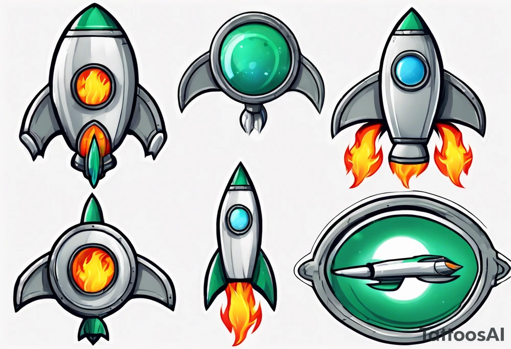 Super simple cartoon rocket ship with a round window, 3 fins, and fire coming out the bottom

Add some shading and detail to make less basic

Use only green, gray, silver, blue. tattoo idea