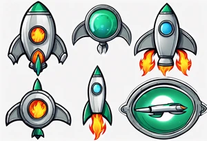 Super simple cartoon rocket ship with a round window, 3 fins, and fire coming out the bottom

Add some shading and detail to make less basic

Use only green, gray, silver, blue. tattoo idea