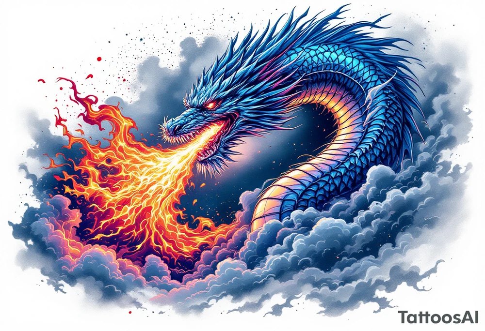 fierce dragon breathing iridescent fire against stormy skies tattoo idea