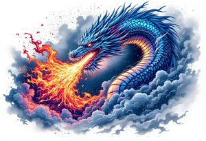 fierce dragon breathing iridescent fire against stormy skies tattoo idea