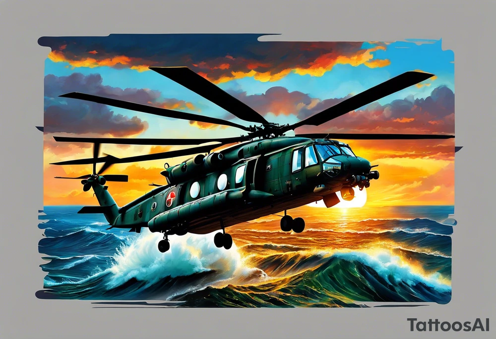 A cinematic-style tattoo depicting a Canadian military CH-148 Cyclone helicopter performing a daring maneuver over a turbulent ocean. The sky should be filled with dramatic clouds, and the sun should be setting, casting long shadows. The helicopter should be the main focus, with intricate details and a sense of motion. In the background, a poppy should be prominently displayed, and a quote from 'Lest We Forget' should be included, black and white tattoo idea