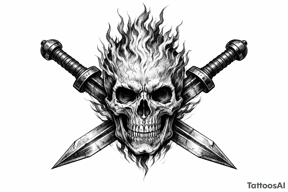A skeletal head ablaze, framed by crossed gladius swords. tattoo idea