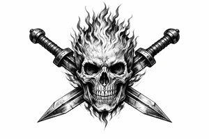 A skeletal head ablaze, framed by crossed gladius swords. tattoo idea