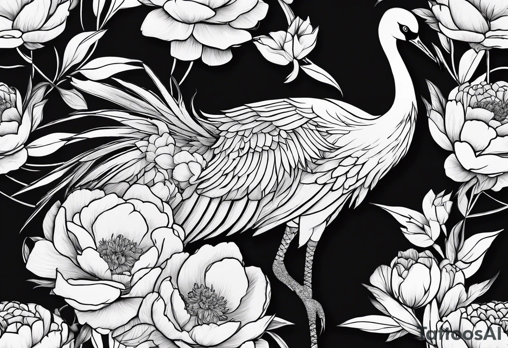Japanese crane with peonies tattoo idea