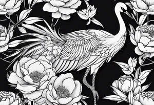 Japanese crane with peonies tattoo idea