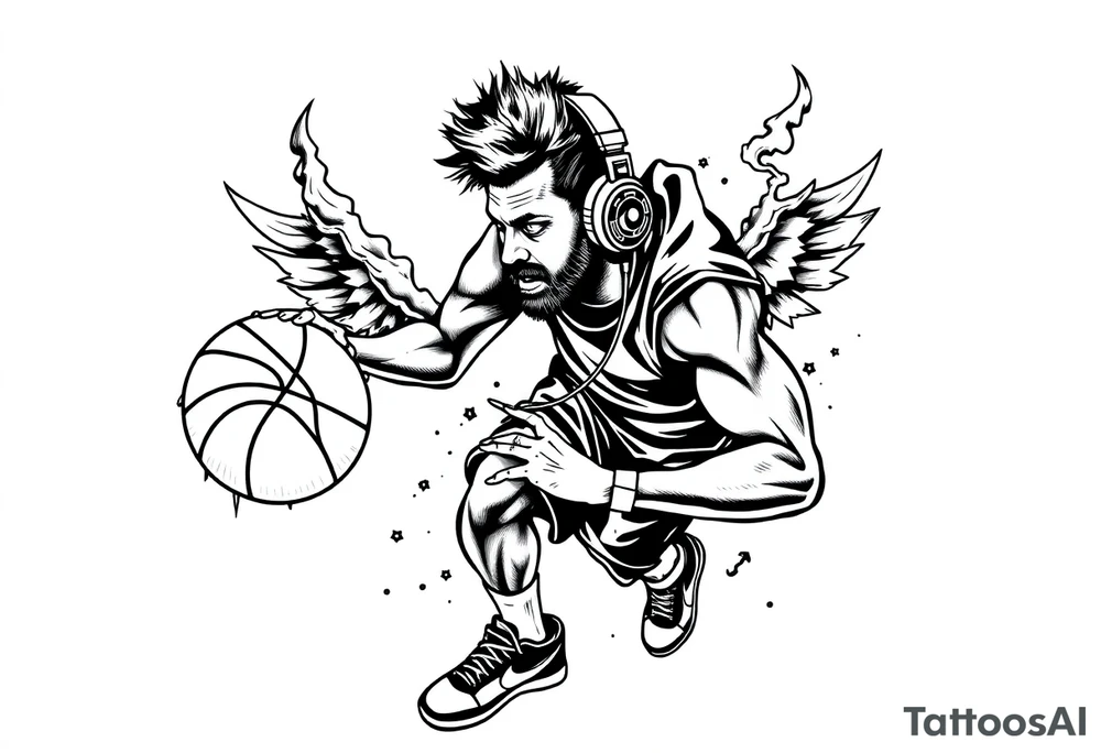 A guy dribbling a basketball with headphones on tattoo idea