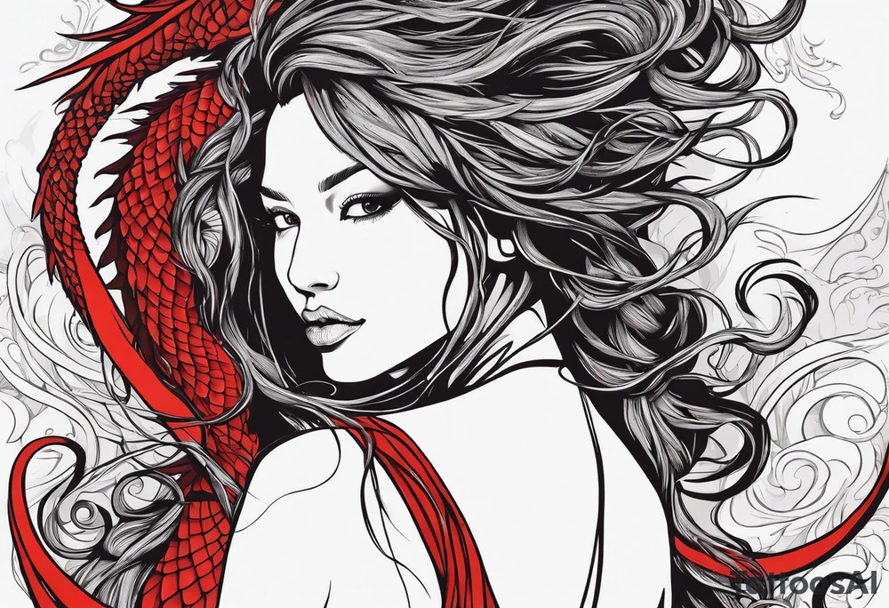 Red dragon behind woman with dreadlocks tattoo idea
