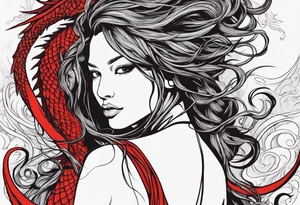 Red dragon behind woman with dreadlocks tattoo idea