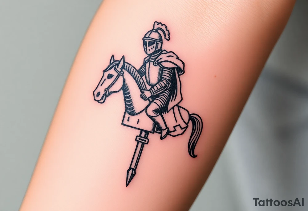 2d medieval woodcut knight on a childs hobby horse head stick toy tattoo idea