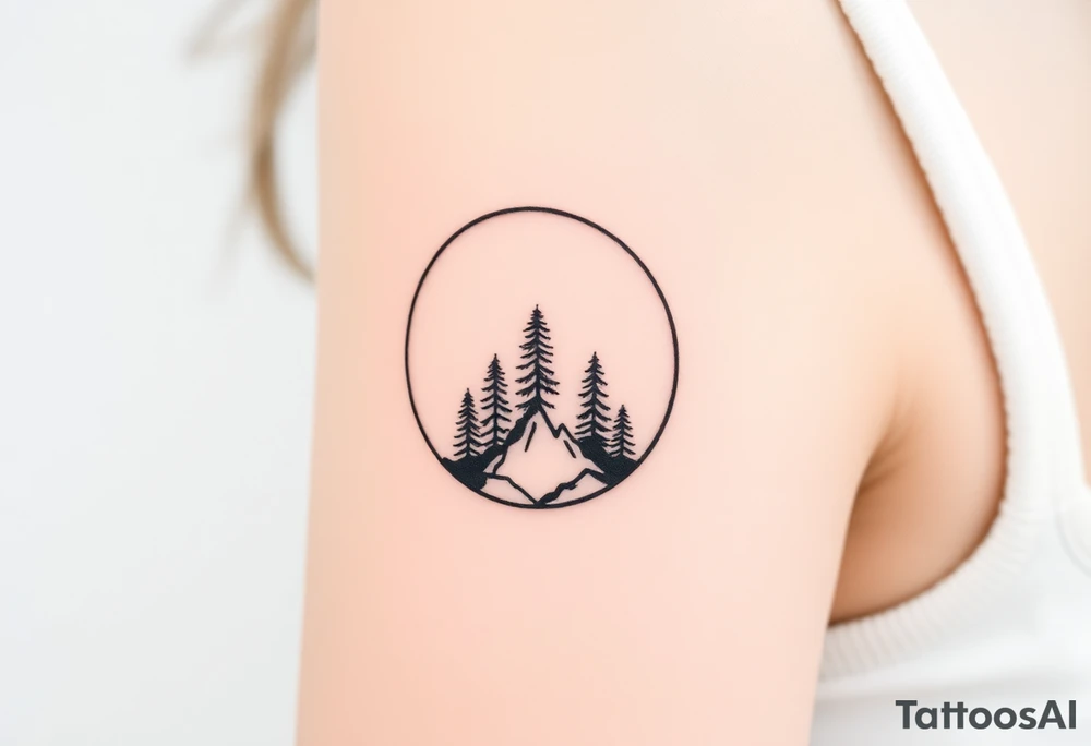 A thin, vertical crescent moon with tiny pine trees growing along its inner curve, reaching upward. At the base of the crescent, a minimalist mountain range emerges, seamlessly blending into the trees. tattoo idea
