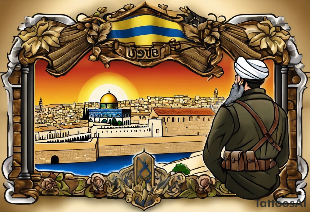 create a half-sleeve tattoo with the theme of israel, the israel flag,  with a soldier and Chasidic jew praying at the wailing wall, jets, with an outline of the country of israel creating a border around all images (some of the jets and tanks may break the border to give them a 3d look). Again, this is a half-seleeve tattoo without images bleeding onto the back or torso.  Shoulder to elbow tattoo. tattoo idea