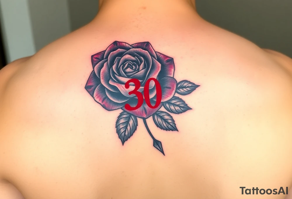 Black rose with number 30 in red ink in the middle of rose tattoo idea