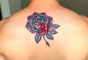 Black rose with number 30 in red ink in the middle of rose tattoo idea