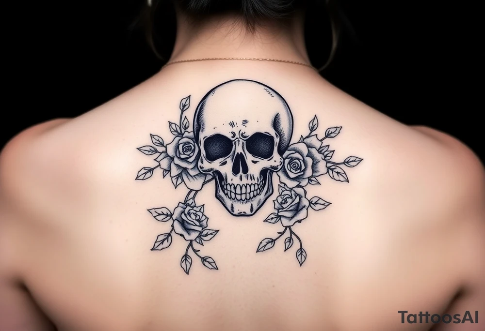 gothic skull intertwined with climbing roses and thorny vines tattoo idea