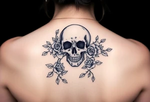 gothic skull intertwined with climbing roses and thorny vines tattoo idea