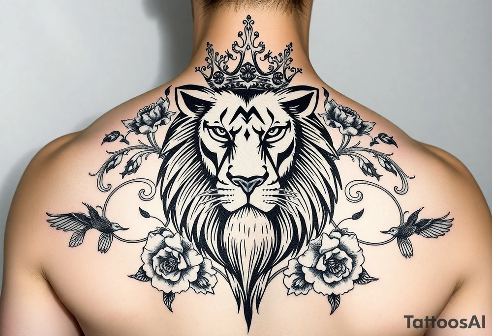 powerful majestic lion with a crown, surrounded by floral ornaments and birds tattoo idea