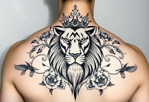 powerful majestic lion with a crown, surrounded by floral ornaments and birds tattoo idea