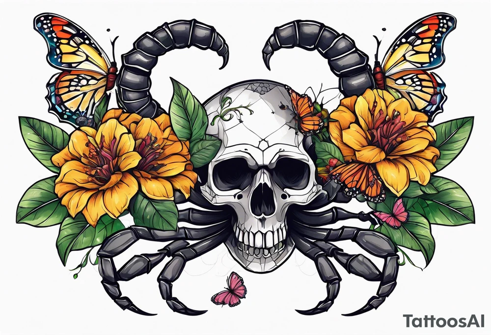 Large scorpion with a skull, flowers, and butterflies tattoo idea