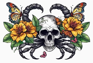Large scorpion with a skull, flowers, and butterflies tattoo idea