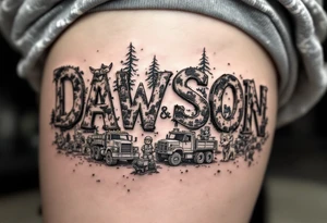 Dawson and Dakota spelled with legos and trucks and animals tattoo idea