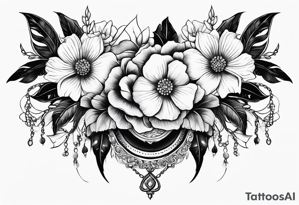 decorative chest piece with jewelry and flowers tattoo idea