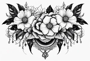 decorative chest piece with jewelry and flowers tattoo idea