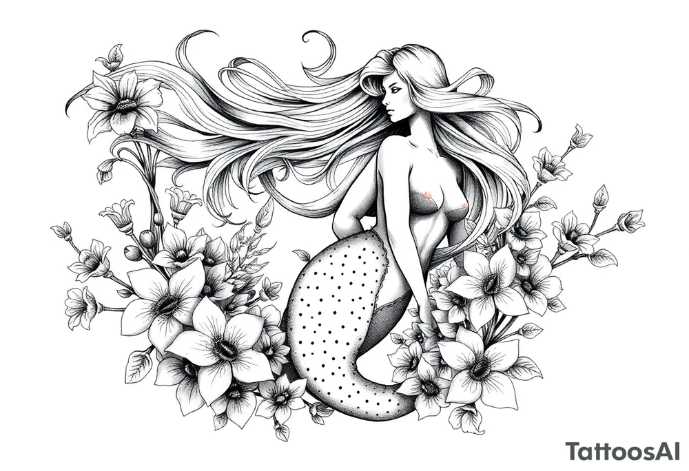 ethereal mermaid with flowing hair among coral and sea flowers tattoo idea