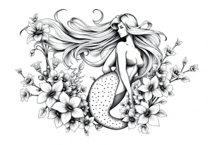 ethereal mermaid with flowing hair among coral and sea flowers tattoo idea