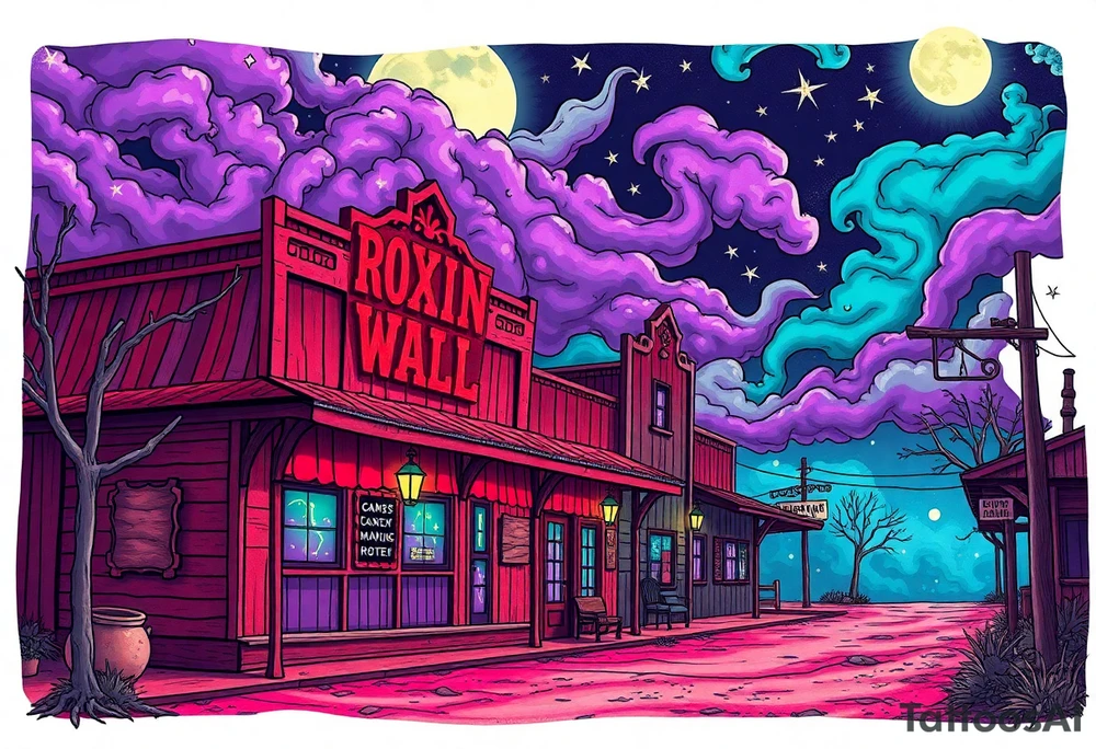 Tim Burton’s old western cowboy texas brothel r from outside view is the street abandoned and dripping with muted reds, dusty pinks, and eerie green glow purple and cyan smokey clouds swirl and dance in the moonlit night sky filled with twinkling stars  tattoo idea tattoo idea