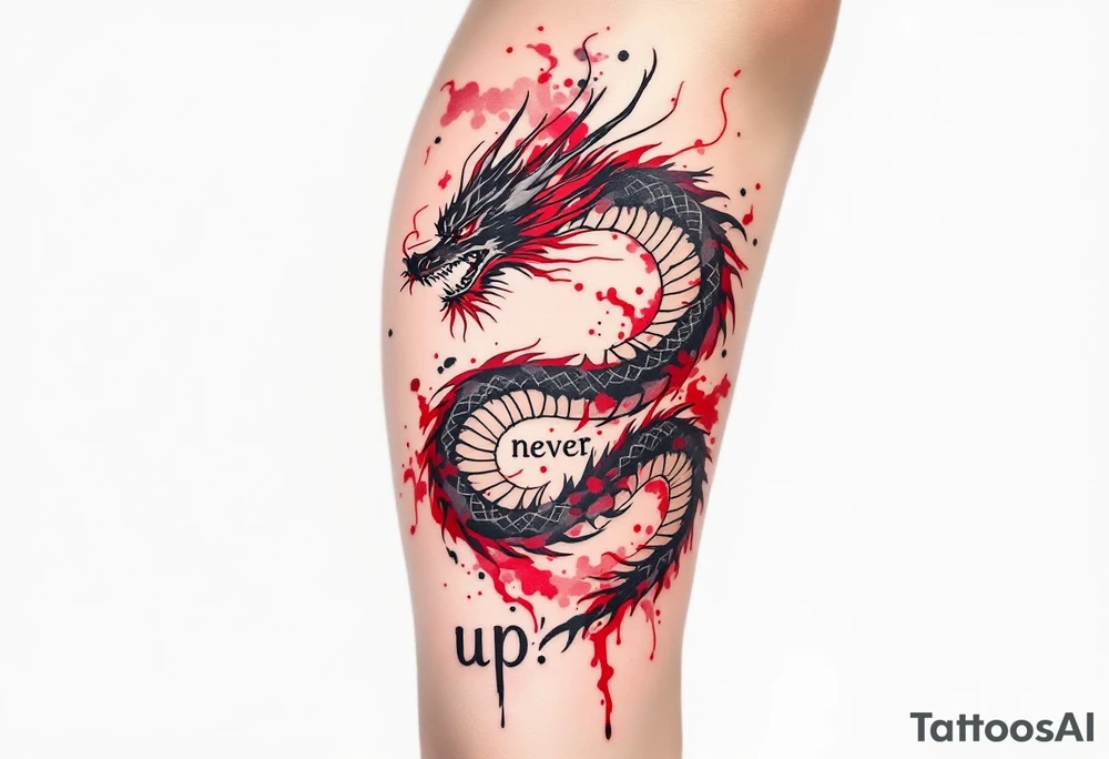 "Never give up" wrapped in the coils of a black and deep red dragon, representing power and perseverance. tattoo idea